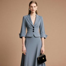 Light Blue Tailored Blazer & Midi Skirt Set - Elegant Office Wear for Women