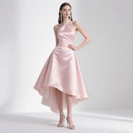 Elegant Pink Satin Halter High-Low Hem Midi Dress