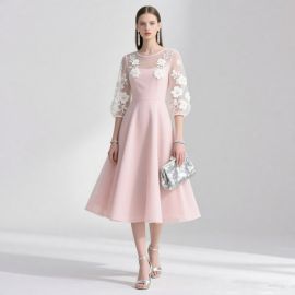 Elegant Pink Midi Dress with Floral Embroidered Sheer Sleeves - Perfect for Weddings & Events