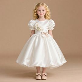 Elegant Girls White Satin Dress with Puff Sleeves, Flower & Pearl Detail - Wedding/Party Flower Girl Gown