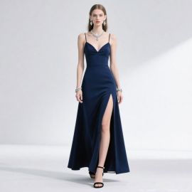 Elegant Navy Blue Spaghetti Strap High Slit Evening Gown