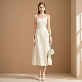 Elegant White Spaghetti Strap Midi Dress with Floral Embroidery & Side Slit - Summer Chic Style