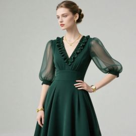 Elegant Emerald Green Ruffled V - Neck Sheer Puff Sleeve Evening Dress
