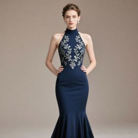 Navy Blue Mermaid Gown with Silver Embroidered Bodice - Elegant Formal Evening Dress