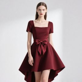 Burgundy Square Neck Short Sleeve Dress with Bow Belt & High-Low Hem