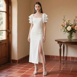 Elegant White Midi Dress: Square Neck, Ruffled Sleeves & Side Slit Design