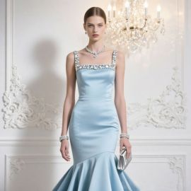 Light Blue Mermaid Evening Gown with Crystal-Embellished Straps - Elegant Formal Dress