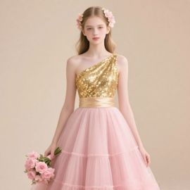 One - Shoulder Sequin & Pink Tulle Wedding Party Dress for Girls
