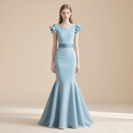 Elegant Light Blue Mermaid Gown with Ruffled Sleeves & Belted Waist for Formal Events