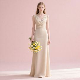 Elegant Sleeveless Wrap V-Neck Beige Maxi Dress for Bridesmaids/Weddings