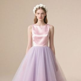 Elegant Pink Satin & Lavender Tulle Sleeveless Midi Dress