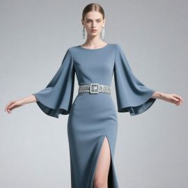 Elegant Blue Long - Sleeve Gown with Flared Sleeves, High Slit & Crystal Belt Dress for Formal Occasions