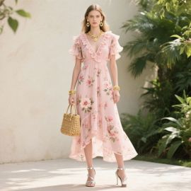 Pink Floral Ruffled V-Neck Asymmetrical Hem Midi Dress - Summer Chic