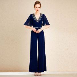 Navy Blue Embellished V-Neck Flared Sleeve Wide-Leg Jumpsuit - Elegant Party Outfit