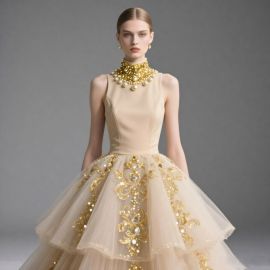 Elegant High-Neck Gold Embellished Tulle Ball Gown - Luxury Evening Dress