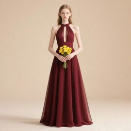 Burgundy Halter Neck Keyhole Evening Gown - Elegant Long Formal Dress