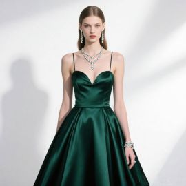 Emerald Green Satin Heart Neckline Spaghetti Strap Ball Gown - Elegant Evening Dress