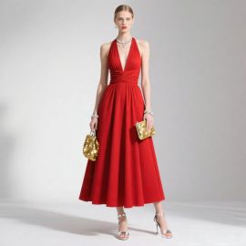 Elegant Red Halter Deep V - neck Midi Evening Gown