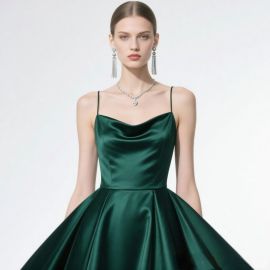Emerald Green Satin Spaghetti Strap Ball Gown Evening Dress