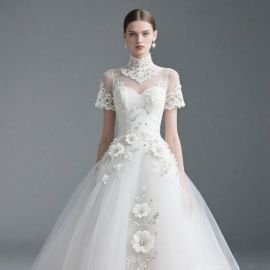 High - Neck Lace Short - Sleeve Bridal Gown with 3D Flower Appliqués & Beaded Tulle Skirt