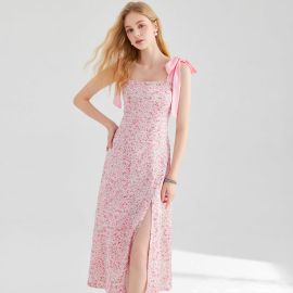Pink Floral Bow-Shoulder Maxi Dress with Side Slit | Summer Chic Style