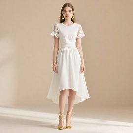 Elegant White Midi Dress with Lace Sleeves & High-Low Hem - Chic Summer Style