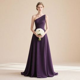 Elegant Purple One-Shoulder Long Bridesmaid Dress - Chiffon A-Line Gown for Weddings