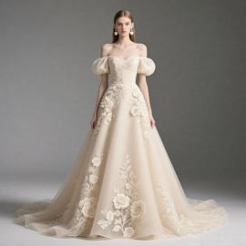 Champagne Off - Shoulder Wedding Dress with Puff Sleeves & Floral Embroidery Train