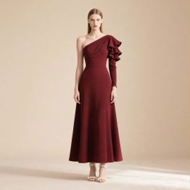 Elegant Burgundy One - Shoulder Ruffled Midi Dress for Evening Events