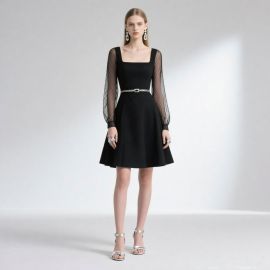 Elegant Black Square Neck Dress with Mesh Sleeves & Belted Waist - Chic Party Style