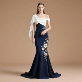 Elegant One - Shoulder Navy Blue Mermaid Gown with Floral Embroidery
