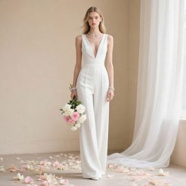 Elegant White Deep V-Neck High-Waisted Wide Leg Wedding Jumpsuit - Bridal Formal Attire