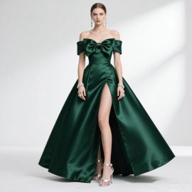 Emerald Green Off - Shoulder Satin Gown with Oversized Bow & High Slit Evening Dress