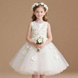 Elegant White Flower Girl Dress with Embroidered Flowers & Tulle Skirt for Weddings/Parties