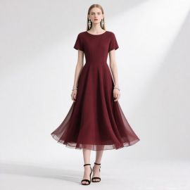 Elegant Burgundy Short - Sleeve Midi Dress with Flowy Tulle Skirt
