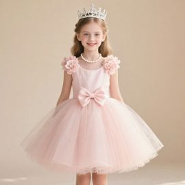 Pink Tulle Flower Shoulder Bowknot Princess Dress for Kids Party/Wedding/Birthday