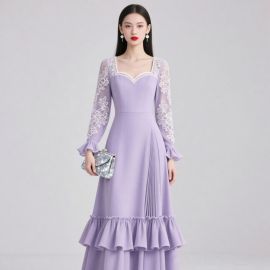 Elegant Lavender Lace Long-Sleeve Ruffled Maxi Dress for Evening Events