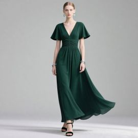 Elegant Deep Green V - Neck Maxi Dress with Flared Sleeves & Cinched Waist