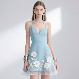 Light Blue Spaghetti Strap Dress with White Floral Embroidery & Tulle Hem - Chic Summer Party Style