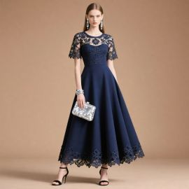 Elegant Navy Blue Lace Midi Dress with Floral Embroidery & Short Sleeves - Formal Evening Gown