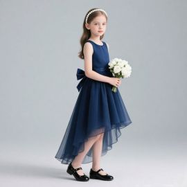 Navy Blue High-Low Tulle Dress for Girls - Sleeveless with Big Bow