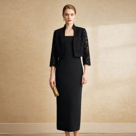 Chic Black Lace Cropped Jacket & Midi Dress - Elegant Formal Ensemble