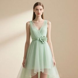 Mint Green Tulle V-Neck Dress: Asymmetrical Hem & Floral Belt - Chic Wedding/Bridesmaid Wear