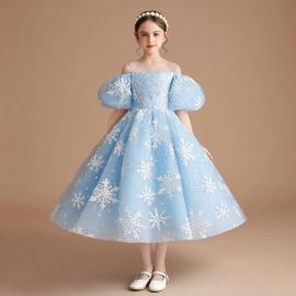 Light Blue Snowflake Kids Dress: Off - Shoulder Puff Sleeve Princess Gown for Parties & Events