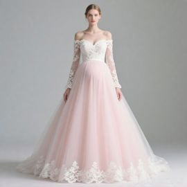 Elegant Pink Off - Shoulder Wedding Dress with Lace Long Sleeves & Tulle Skirt
