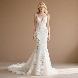 Elegant White Mermaid Wedding Dress: Floral Embroidery, Deep V-Neck & Spaghetti Straps Bridal Gown