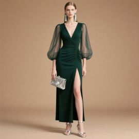 Elegant Emerald Green Long Evening Dress: V-Neck, Sheer Lantern Sleeves, High Slit Design