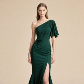 Elegant Emerald Green One - Shoulder Pleated Gown with High Slit for Evening Events