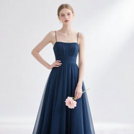 Elegant Navy Blue Spaghetti Strap Long Dress - Chiffon A-Line Formal Gown for Weddings/Bridesmaids