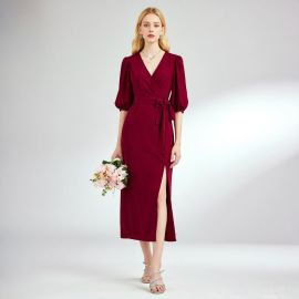 Elegant Burgundy V-Neck Wrap Dress with Puff Sleeves & High Slit - Chic Midi Gown